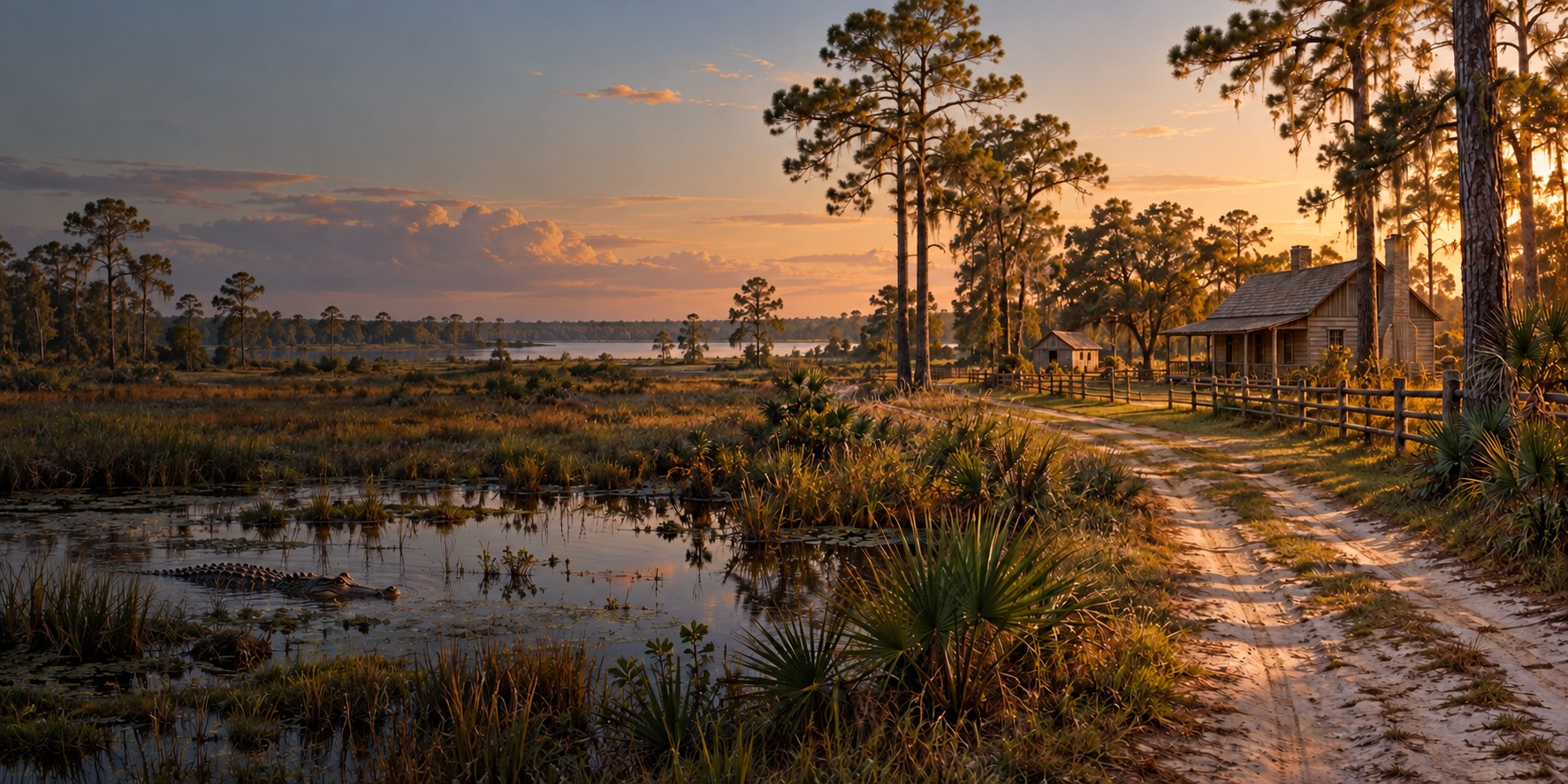 Illustration of Gatorville with a lake, alligator, dirt road, fence and ranch