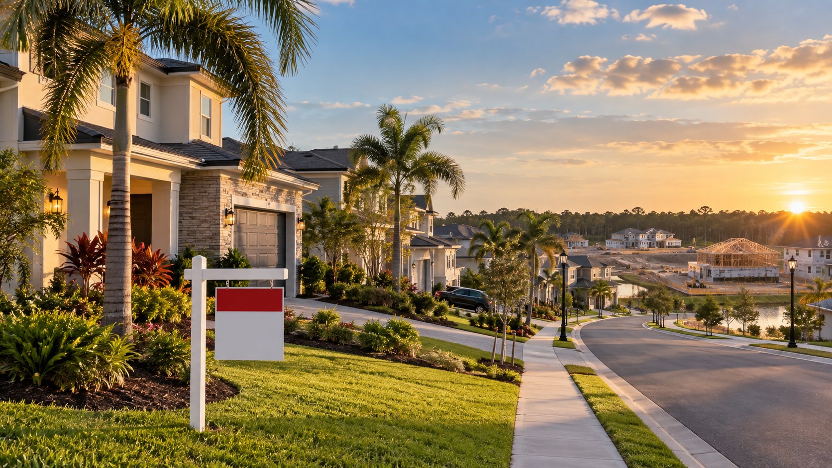 Rua residencial com palmeiras em Wesley Chapel, com casas modernas, uma placa de imóvel à venda e novas construções ao fundo durante o pôr do sol.