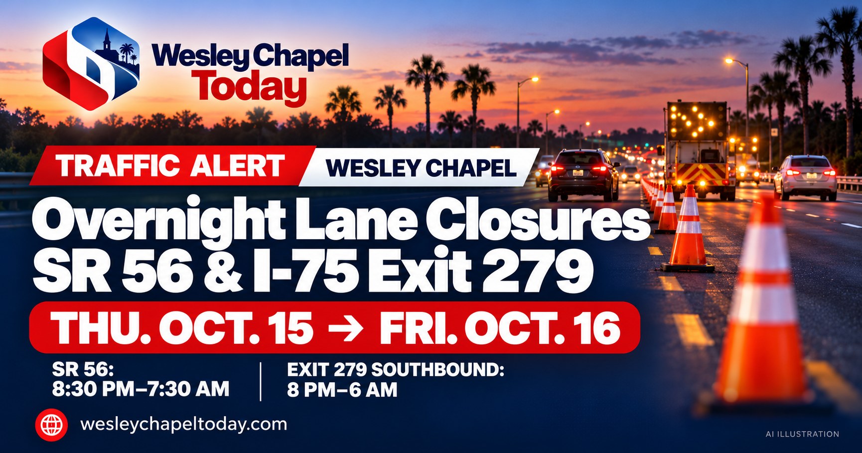 Thursday Night Lane Closures Planned on SR 56 and I-75 Exit 279 in Wesley Chapel